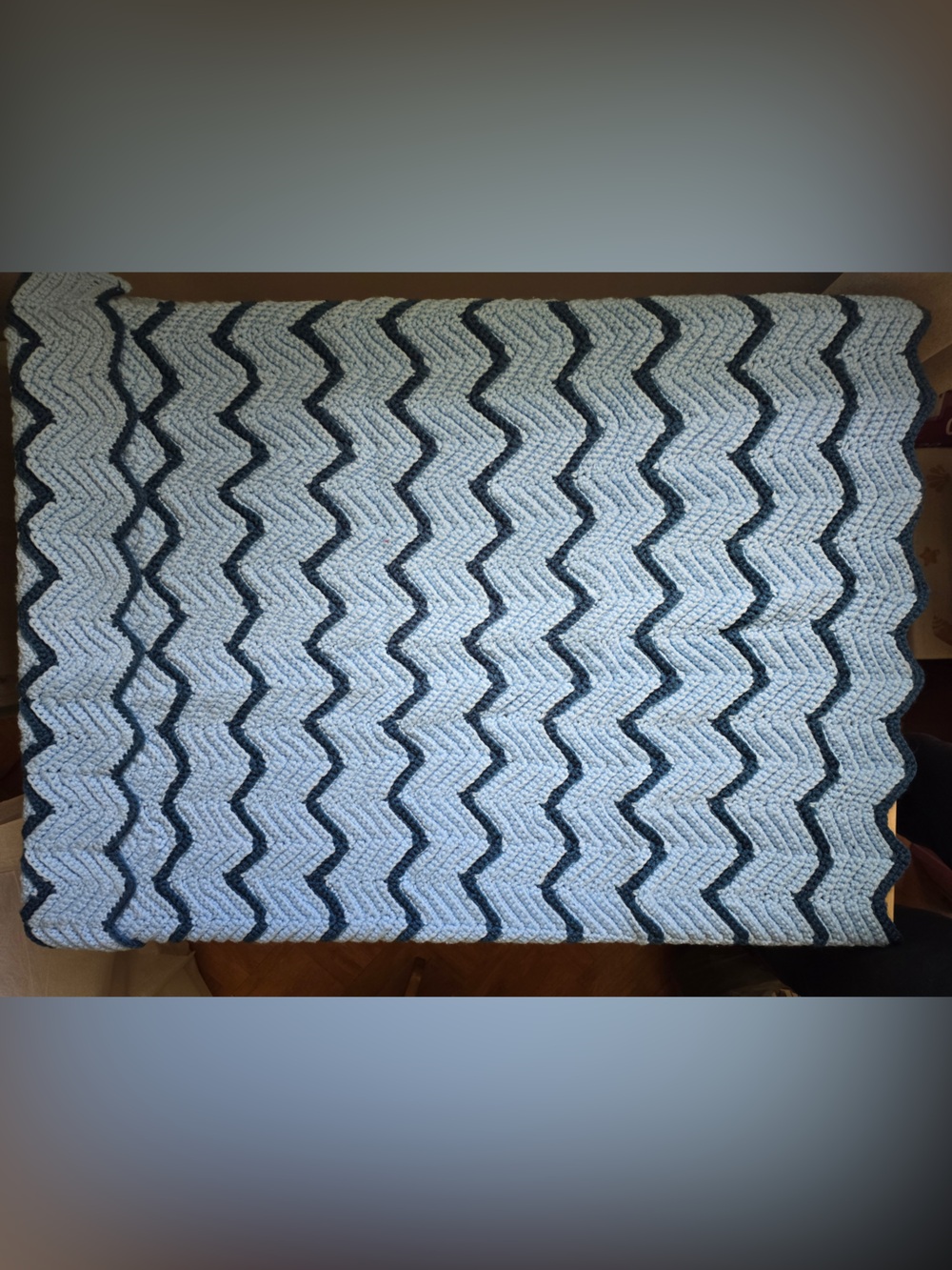 Handmade Vintage Crochet Chevron Zig Zag Blue Baby Blanket